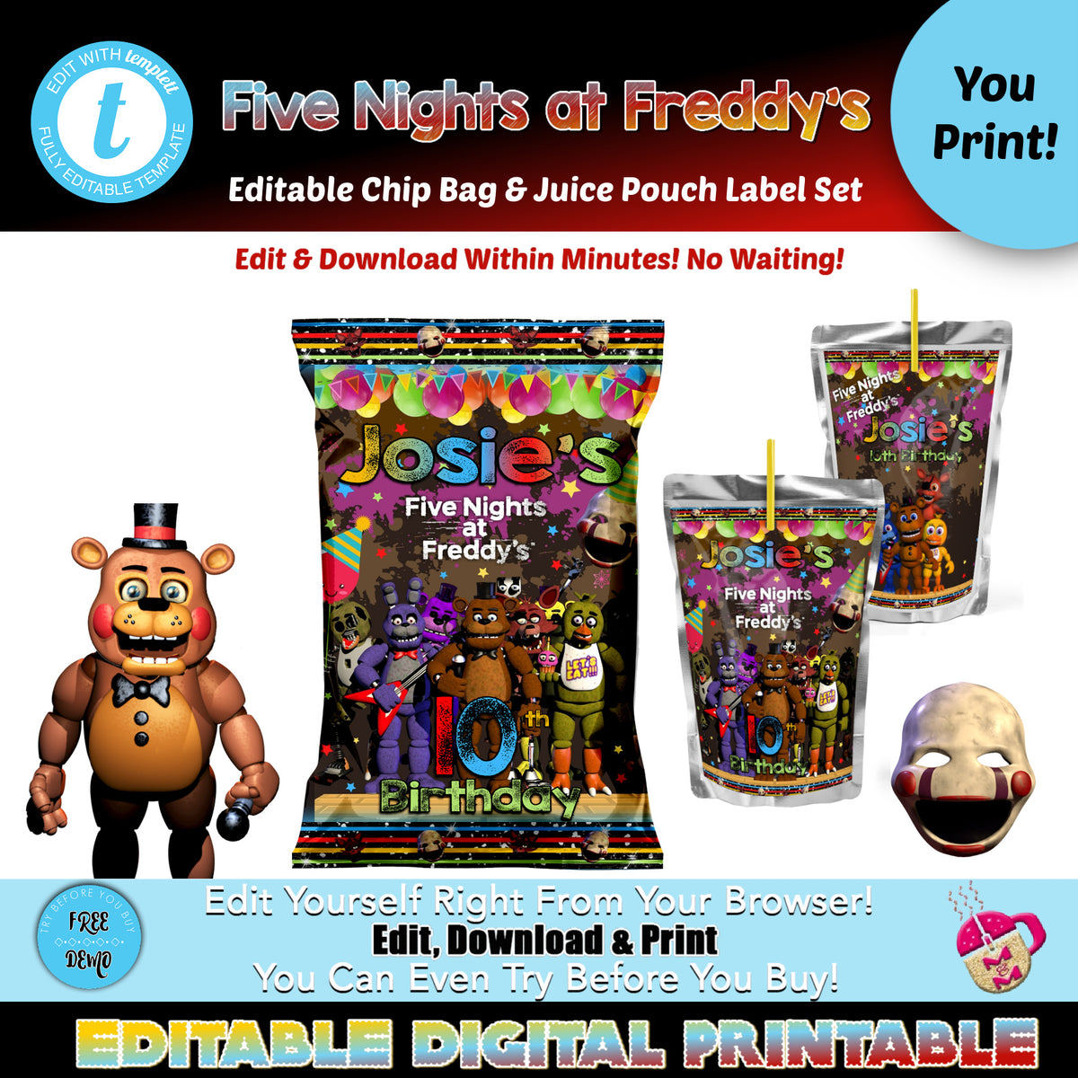 Five Nights at Freddy's Koolaid, Chip Bag, Water Bottle Digital Label 