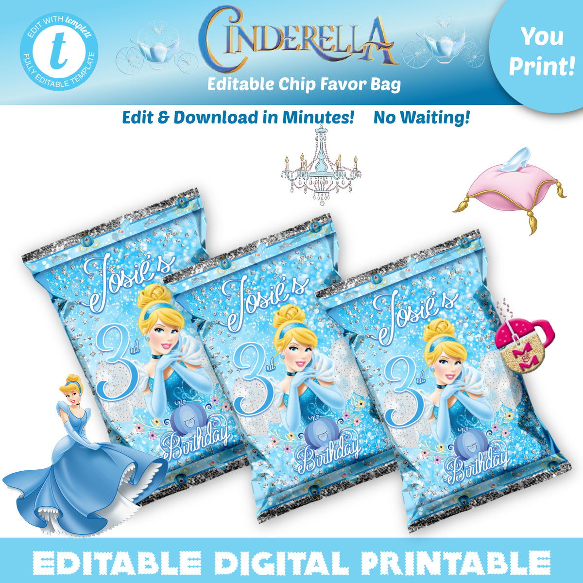 Editable Cinderella Chip Bag Cinderella Treat Bag DIY Princess Goodi Mug Mouse Designs