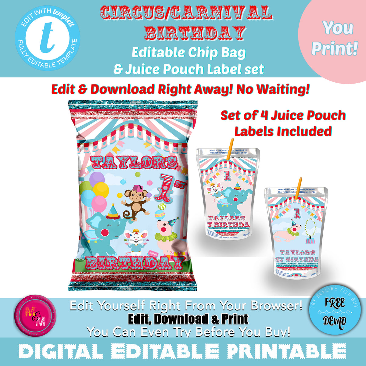 Editable Cute Dinosaur Chip Bag & Juice Pouch Set, Dinosaur