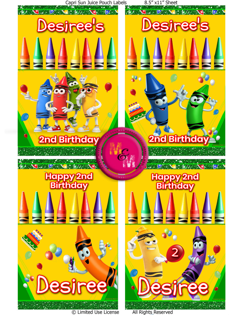 CRAYON PARTY FAVORS Crayon Party Chip Bag Favors Crayon Favors Crayon Party  Kool Aid Jammers Crayon Party Chip Bag Labels Juice Fruit Snacks 