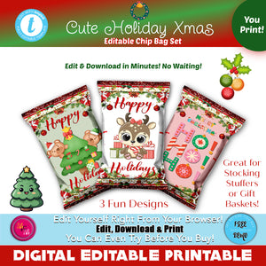 Editable Cute Holiday Chip Favor Bags | Cute Christmas Favor Bags | Holiday Party Favors | Holiday Gift Bags | Xmas Templates