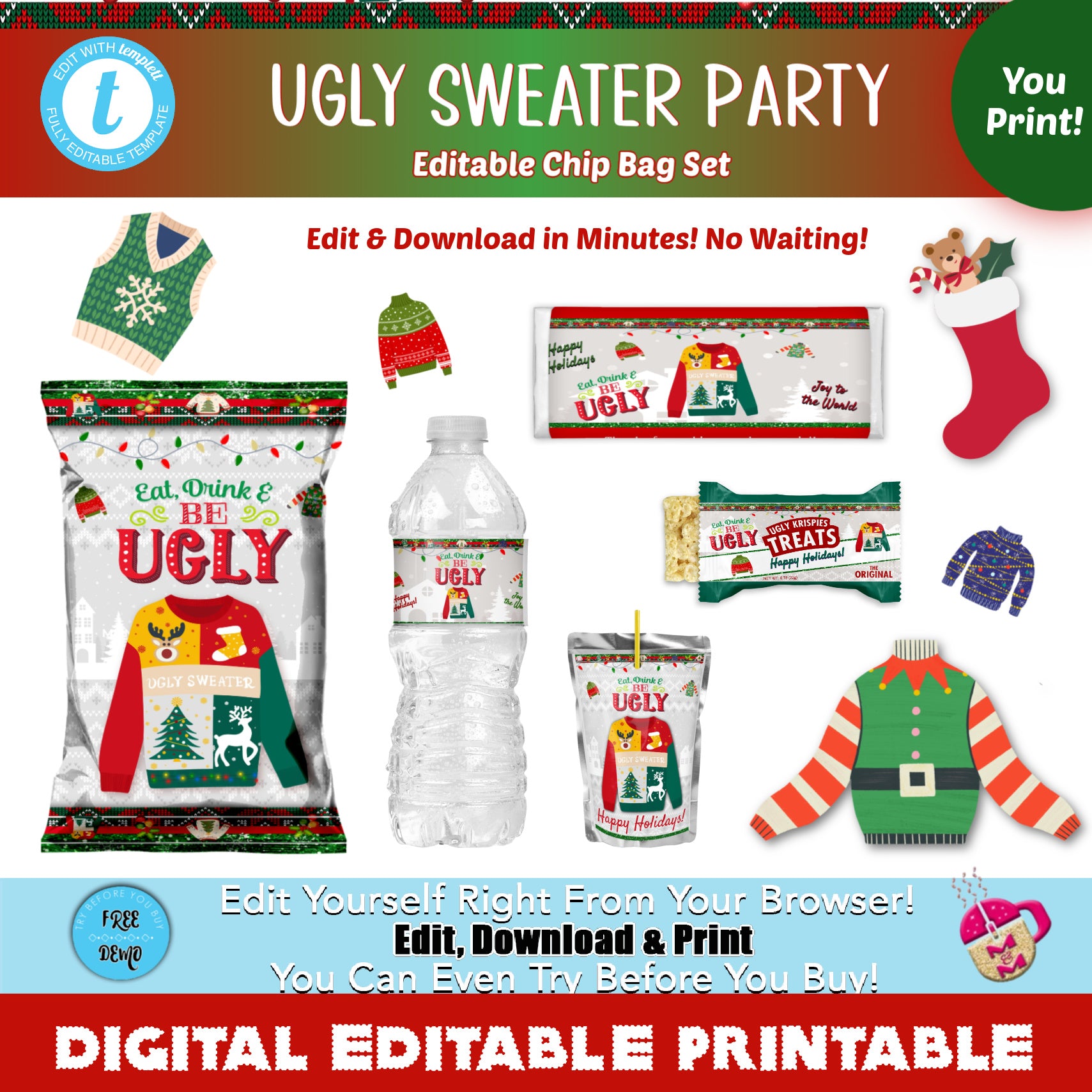 Editable Ugly Sweater Party Chip Favor Bag Set | Ugly Sweater Christmas Favor Bags | Holiday Party Favors | Holiday Gift Bags | Christmas Templates | Ugly Sweater Party Supplies