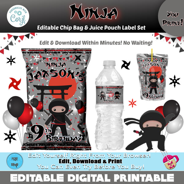 Ninja Party Water Bottle Labels Template Printable Ninja Theme Birthday  Party Decorations Wrappers EDITABLE TEXT DOWNLOAD 