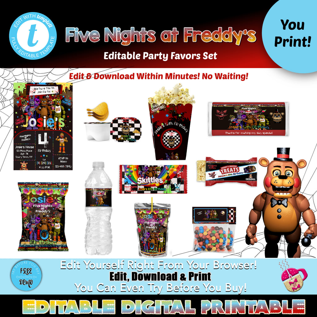 Editable Five Nights at Editable Freddy's Party Favor Set, Five Nights ...