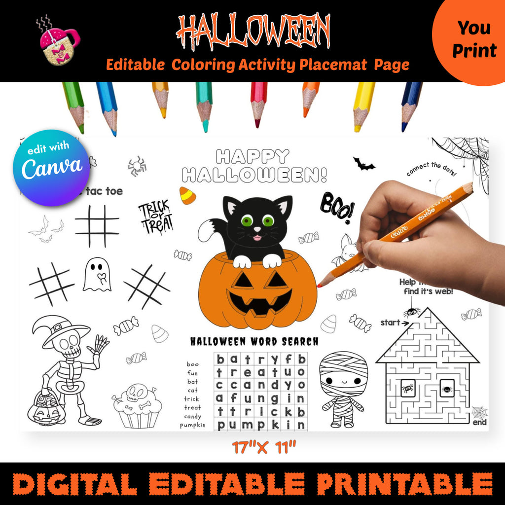 Editable Halloween Coloring Activity Placemat Page | Halloween Coloring Page | Kids Coloring Page | Holiday Party Activity Sheet