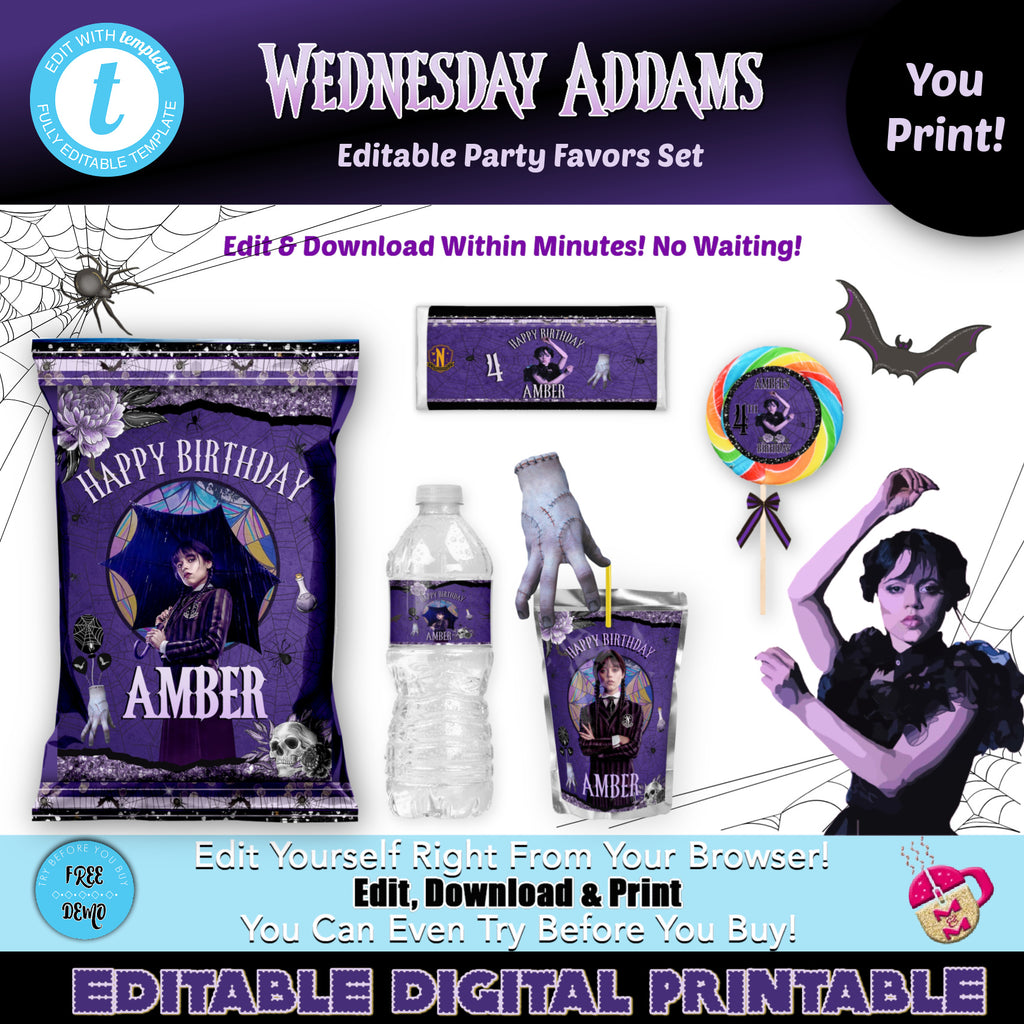 Editable Wednesday Addams Party Favor Set | Wednesday Chip Bag | Wednesday Party Supplies | Wednesday Party Templates