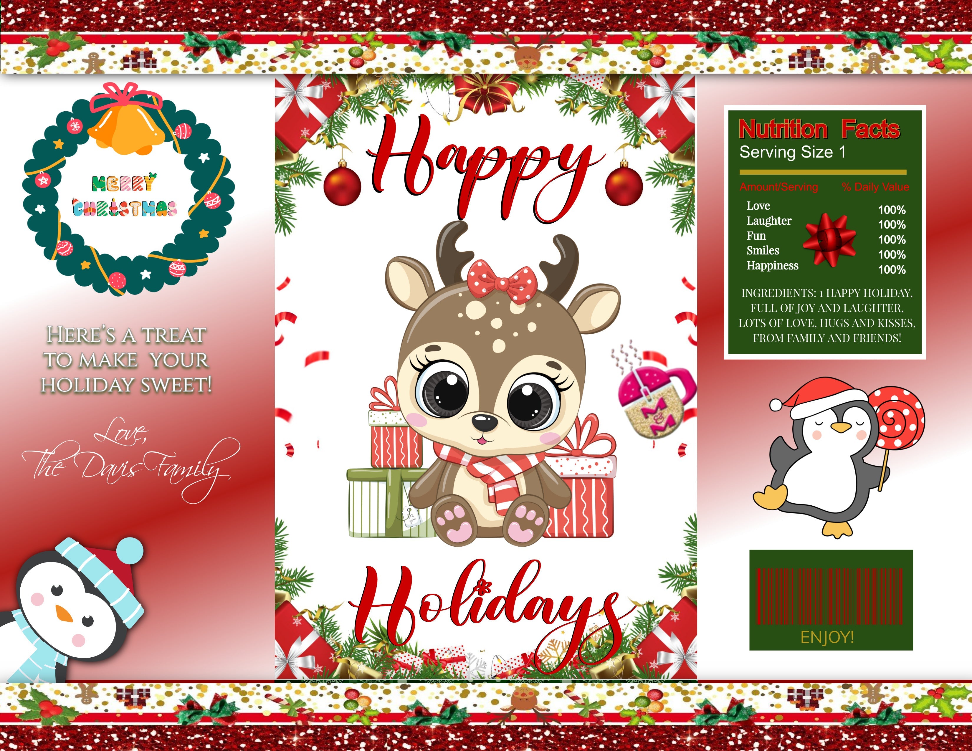 Editable Cute Holiday Chip Favor Bags | Cute Christmas Favor Bags | Holiday Party Favors | Holiday Gift Bags | Xmas Templates