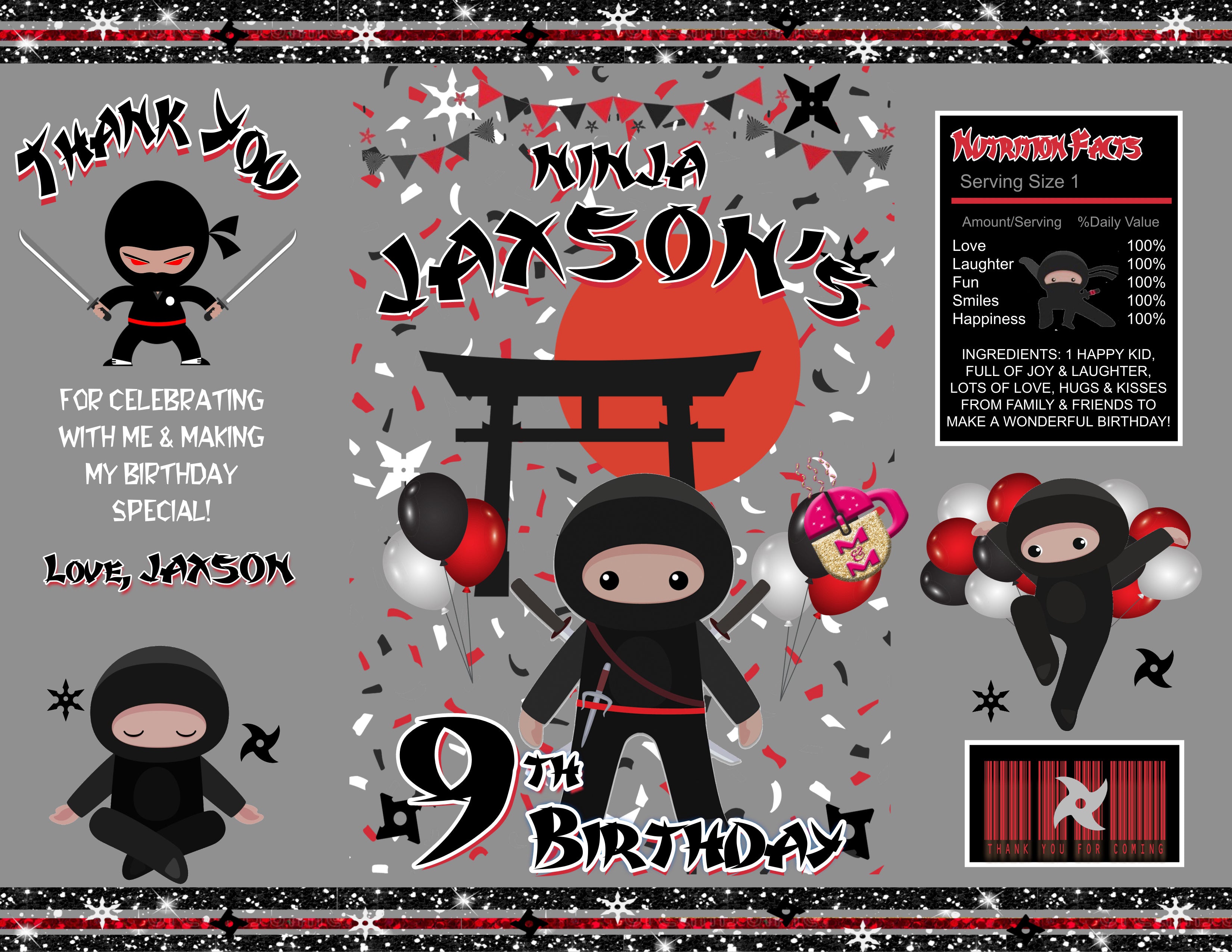 Gift Note Ninja Editable Ninja Chip Bag Set, Ninja Party Favors, Ninja Party Templates ...