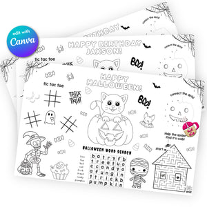 Editable Halloween Coloring Activity Placemat Page | Halloween Coloring Page | Kids Coloring Page | Holiday Party Activity Sheet