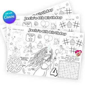 Editable The Little Mermaid Coloring Activity Placemat Page | Ariel Coloring Page | Halle Bailey Coloring Page | Mermaid Party Activity Sheet