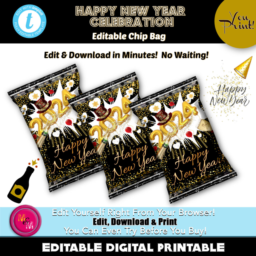 Editable Happy New Year Chip Favor bags | New Year's Favor Bags | Printable New Year Favor Bag | 2024 Holiday Chip Bag | New Year Party Favors