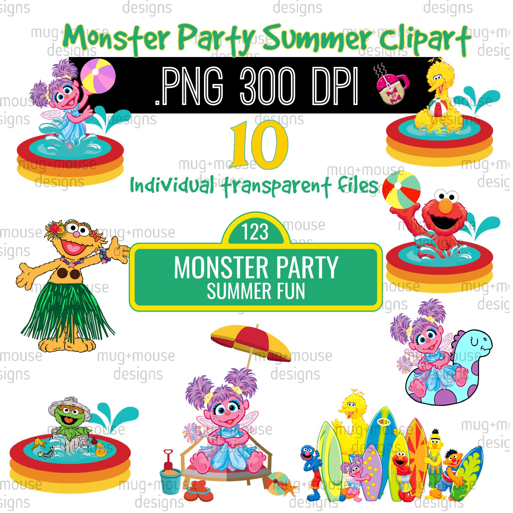 Monster Party Summer Clipart, Monster Party Swim Clipart, Monster Party Beach, Sesame Pool Party Clipart, Monster Party PNG files