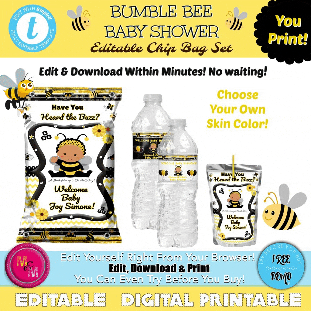 Editable  Bumble Bee Baby Shower Chip Bag Set, Bee Baby Shower Party Favors