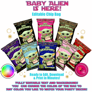 Editable Baby Alien Chip Bag Set, Mandalorian Chip Bag, Baby Alien Party Favors
