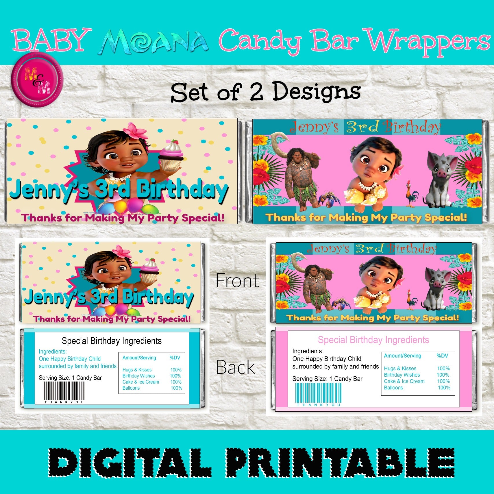 Baby Moana Candy Bar Wrappers Printable,  Baby Moana Hershey Bar Label - mugandmousedesigns