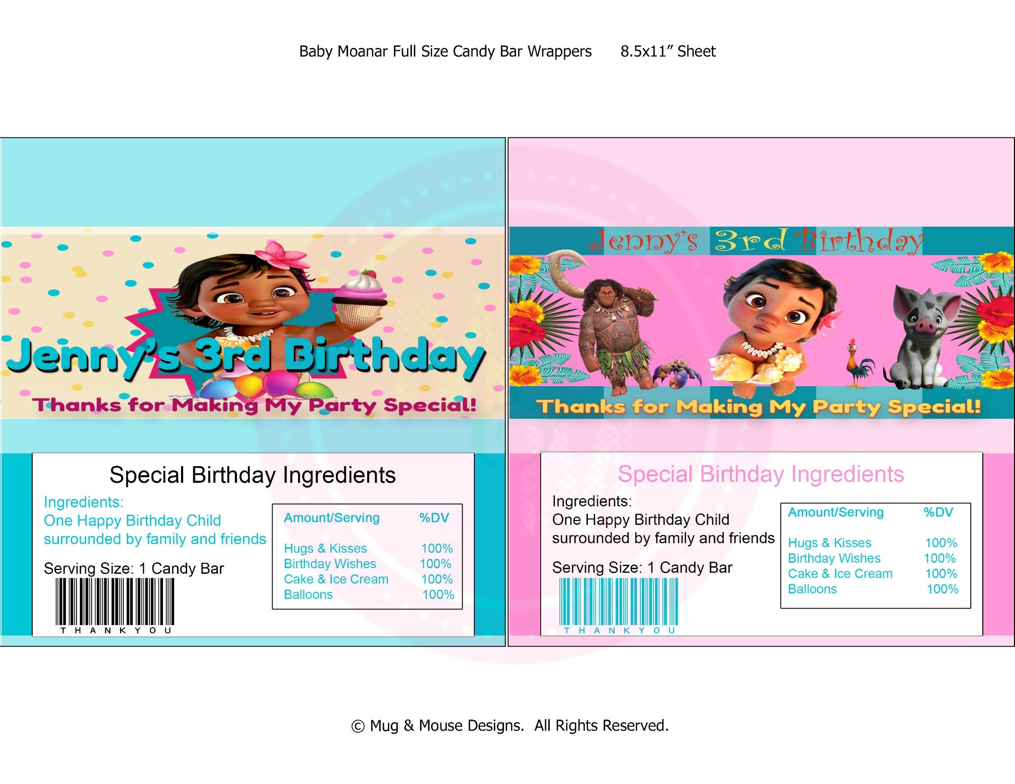 Baby Moana Candy Bar Wrappers Printable,  Baby Moana Hershey Bar Label - mugandmousedesigns