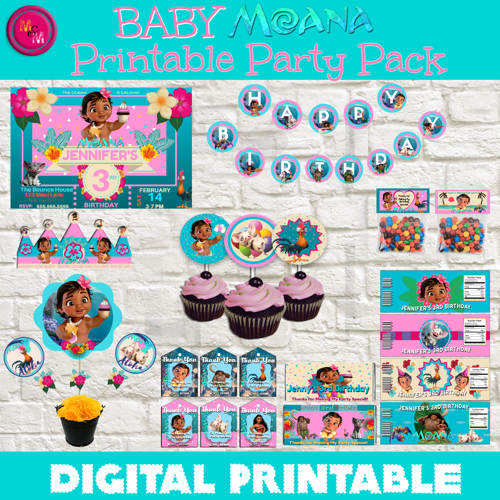 Baby Moana Party Kit, Baby Moana Birthday Bundle - mugandmousedesigns