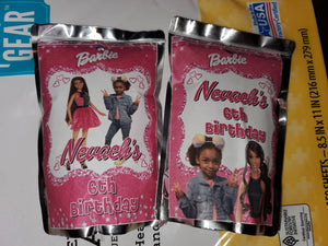 Editable Black Doll Chip Bag & Juice Pouch Set, African American Black Doll Party Favors