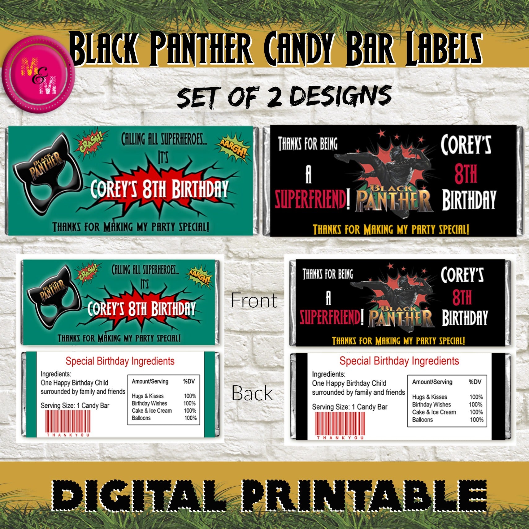 Editable Black Panther Party Candy Bar Wrappers Printable, Black Panther Candy Bars, Superhero Candy Bar Wrappers, Black Panther Party Favor - mugandmousedesigns