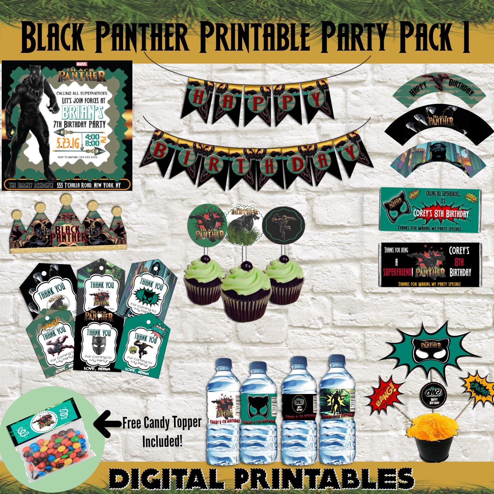 Editable Black Panther Party Supplies Kit 1, Superhero Party Kit - mugandmousedesigns