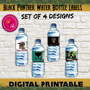 Black Panther Water Bottle Labels, Custom Black Panther Water Wrappers - mugandmousedesigns