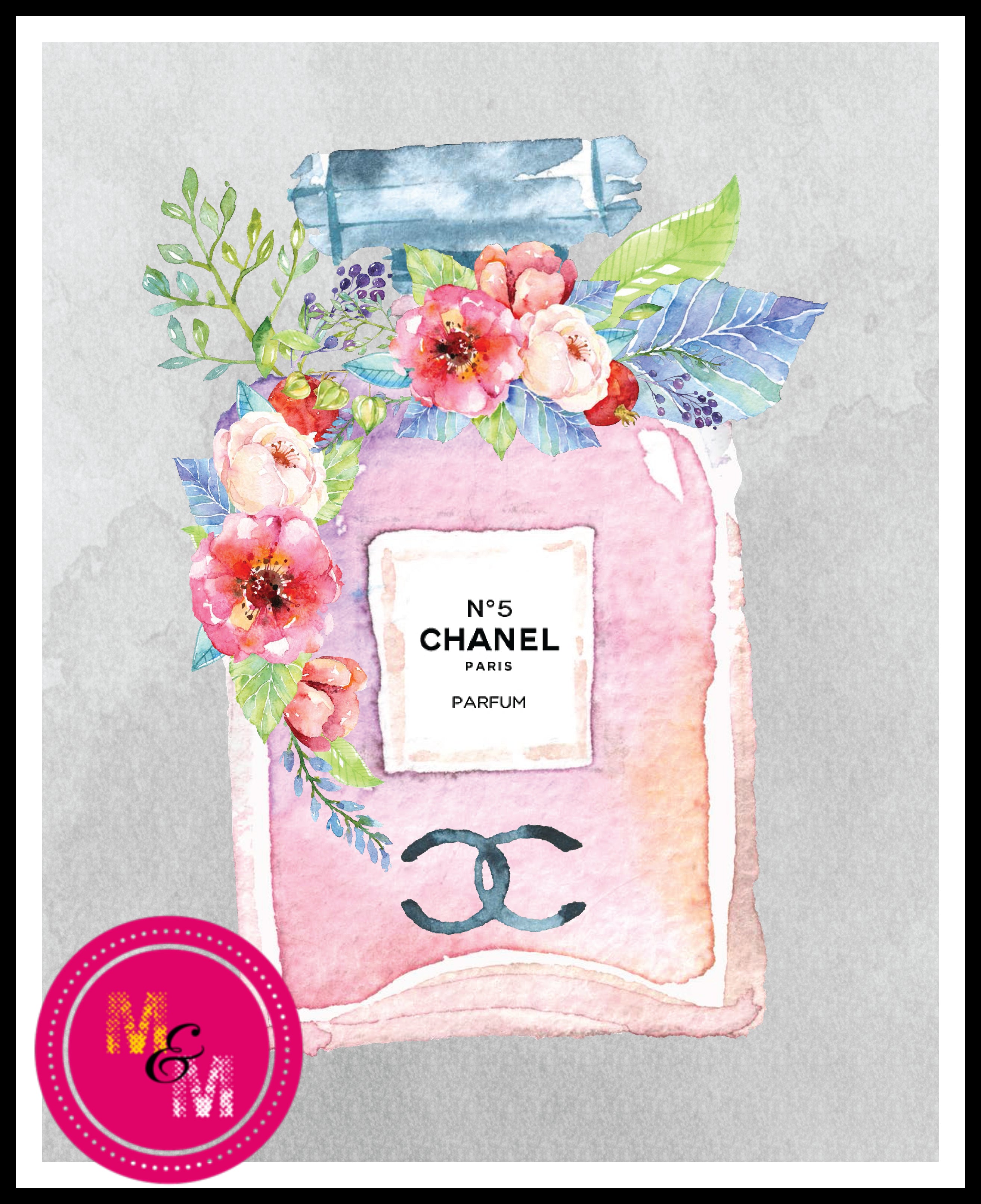 Instant Download-Chanel No 5 Perfume Bottle Watercolor Flowers Fashion Wall Prints - mugandmousedesigns