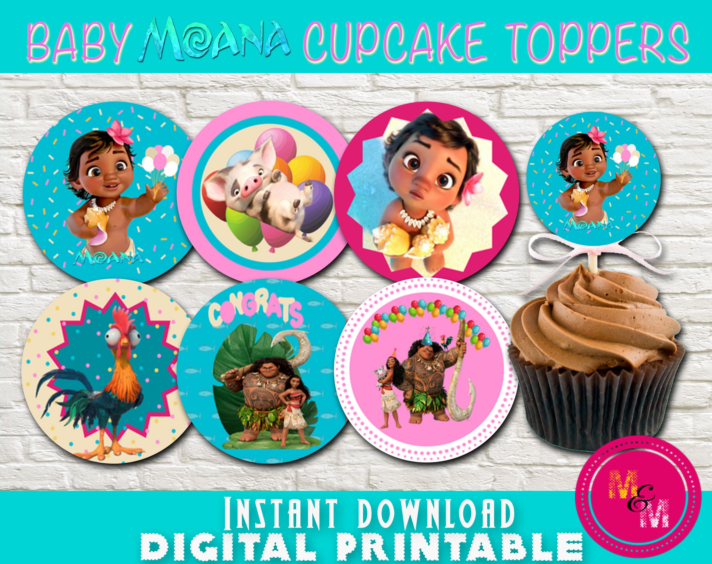 Baby Moana Cupcake Toppers, Baby Moana Party, Maui Party - mugandmousedesigns
