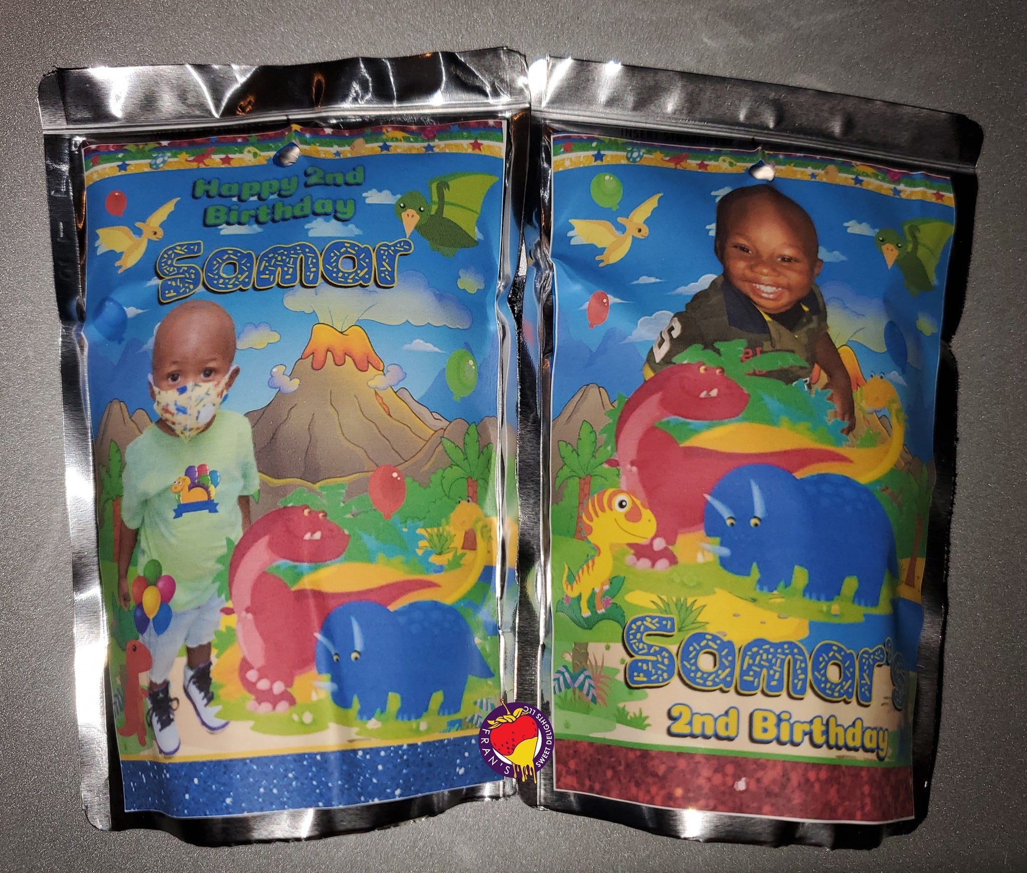 Editable Cute Dinosaur Chip Bag & Juice Pouch Set, Dinosaur Birthday Party Favors