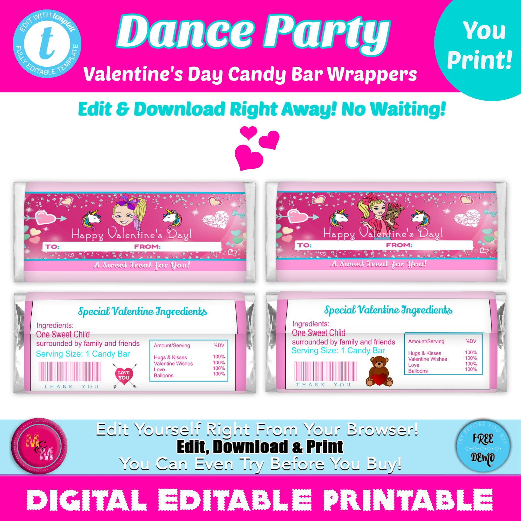 Editable Dance Party Valentine's Day Candy Bar Wrappers Printable, Dance Party Candy Bars, Dance Party Hershey Bar Wrappers