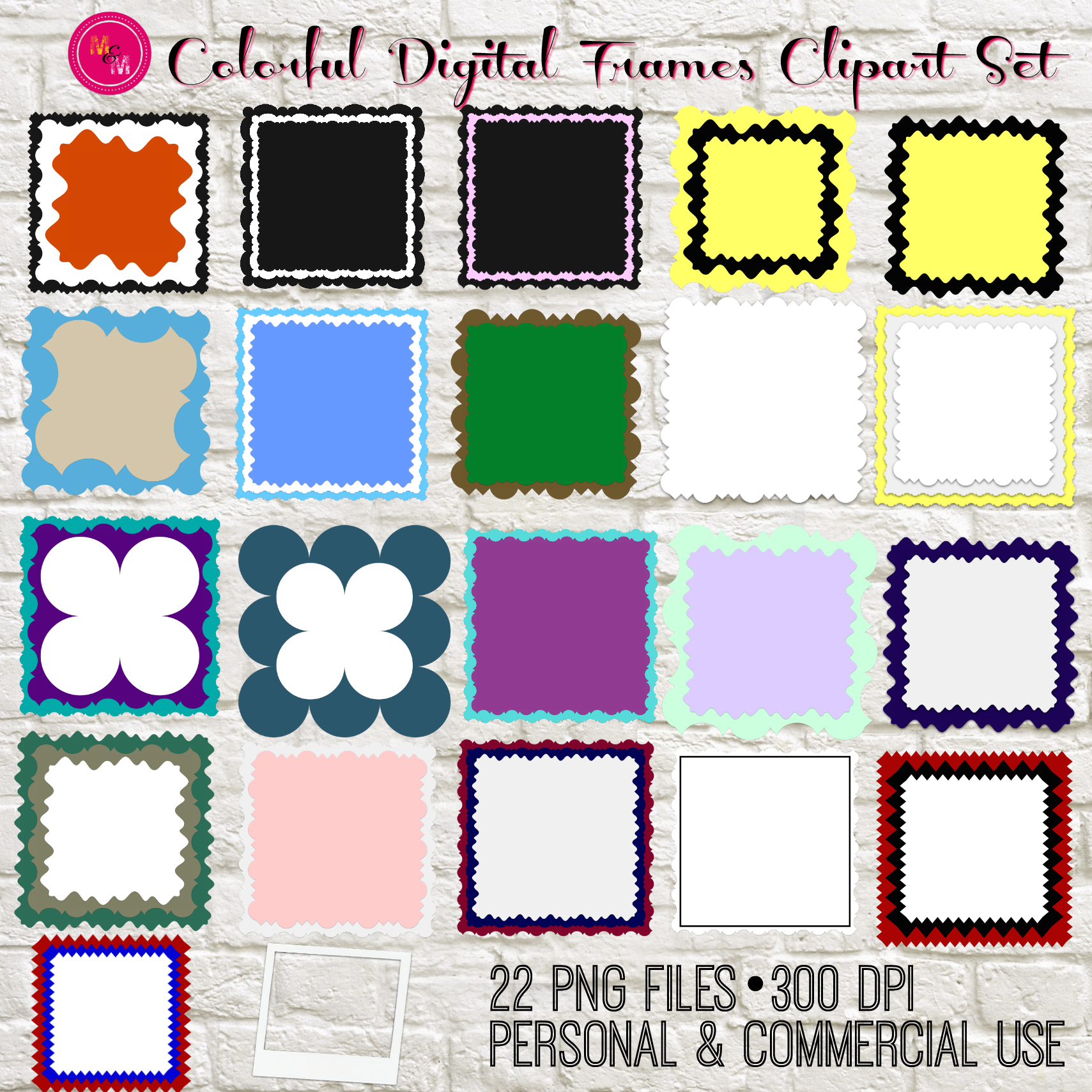 Instant Download Colorful Frames Digital Clipart Set, Scrapbooking, Clipart Frames, Frames Cutting Files, Digital Frames, Scallop Frames - mugandmousedesigns