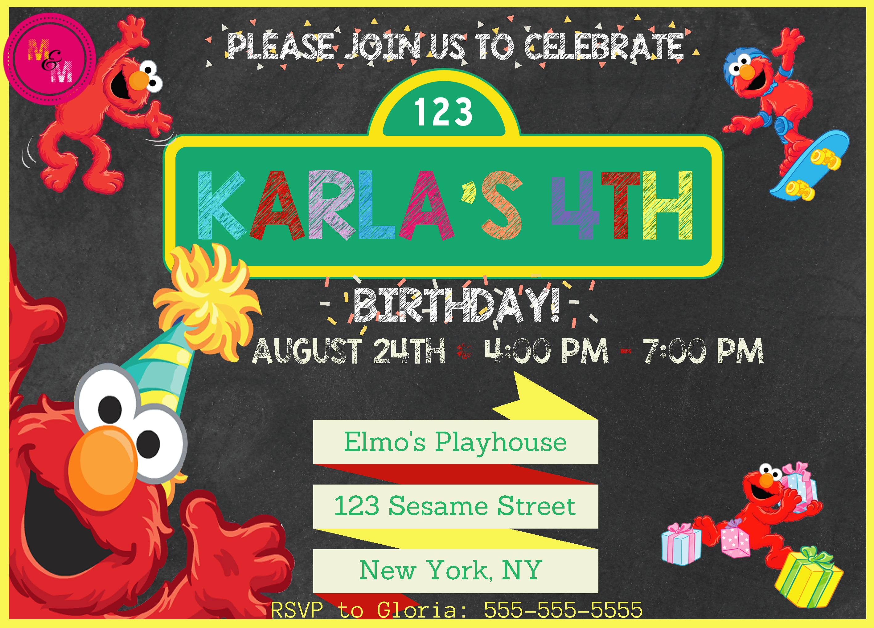 Instant Download Elmo Sesame Street Party Birthday Party Editable Chalkboard Invitation Printable, Edit Yourself Adobe PDF Reader - mugandmousedesigns