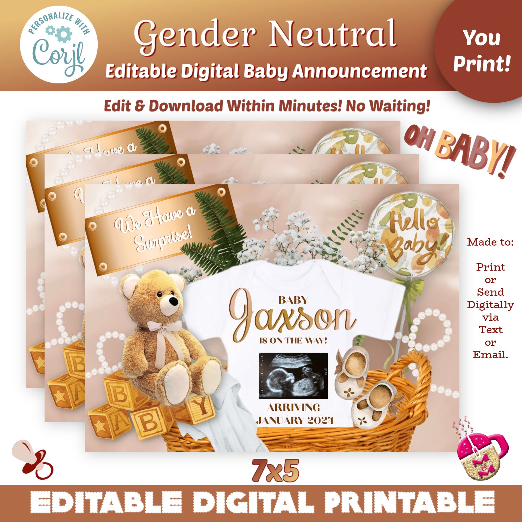 Editable Digital Gender Neutral Baby Announcement, Any Gender Baby Announcement, Pregnancy Announcement