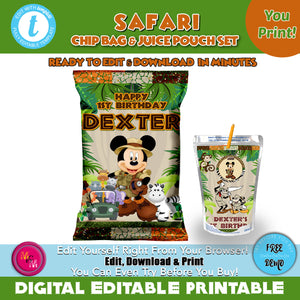 Editable Safari Chip Bag & Juice Pouch Set, Safari Mouse Chip Bag, Safari Capri Sun Labels