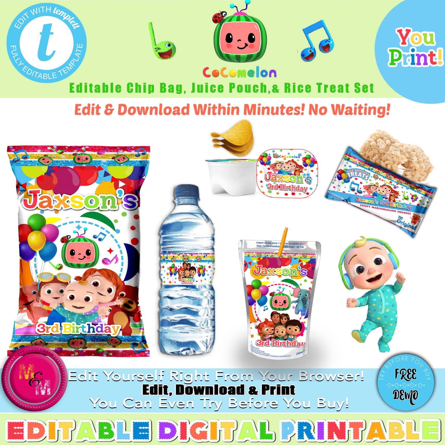 Editable Cocomelon Kids Chip Bag Set 2 | Cocomelon Party Decorations | Cocomelon Kids Party Templates |  DIY Party