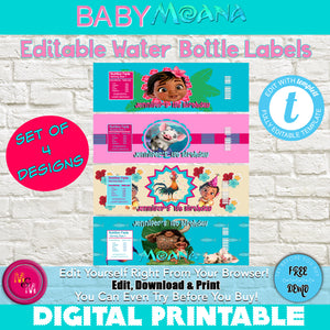 Editable Baby Moana Water Bottle Labels Printable-Set of 4 - mugandmousedesigns