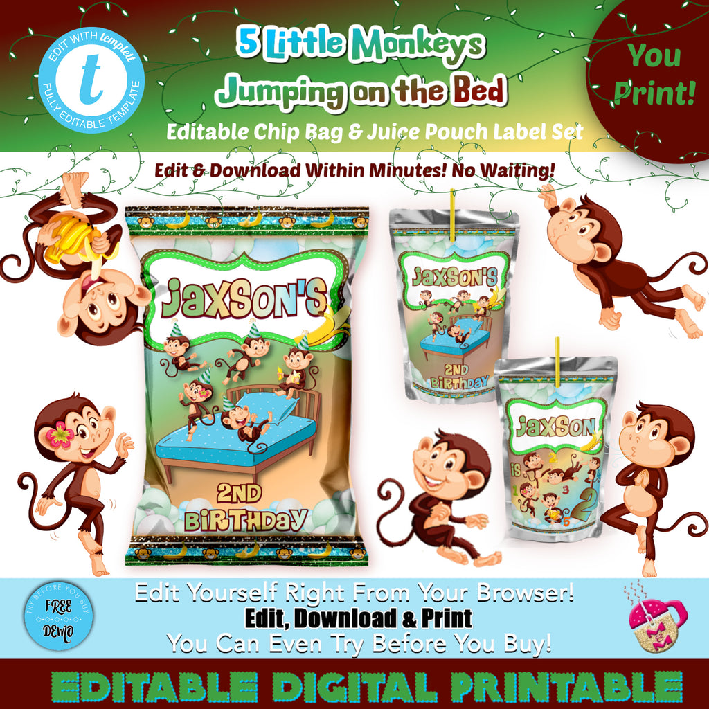 Editable 5 Little Monkeys Jumping on the Bed Chip Bag & Juice Pouch Se ...