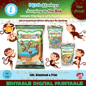 Editable 5 Little Monkeys Jumping on the Bed Chip Bag & Juice Pouch Set, Five Monkeys Party Favors, First Birthday Party Favors