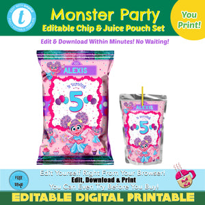 Editable Monster Party Abby Chip Bag & Juice Pouch Set, Pink Monster Party Chip Bag, Monster Party Favor Templates