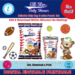 Editable All-Star Baby Shower Sports Chip Bag, Sports Baby Shower Chip Bag Template, Sports Themed Baby Shower Templates