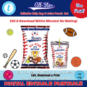 Editable All-Star Sports Chip Bag, Sports Chip Bag Template, Sports Themed Chip Bag & Juice Pouch Template