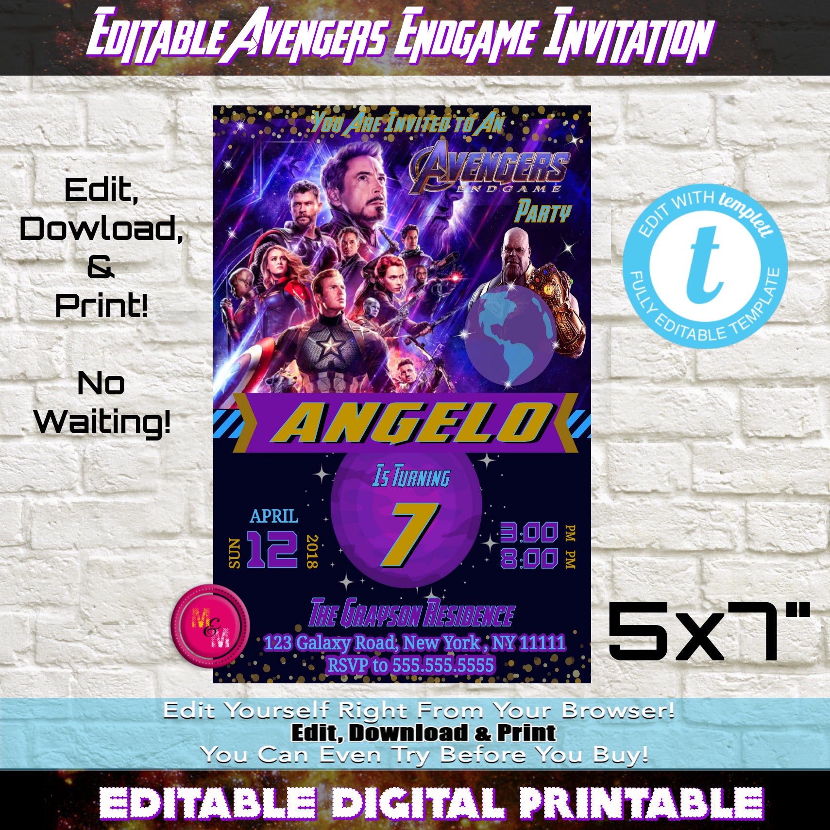 Editable Avengers Endgame Birthday Party Invitation, Superhero Party - mugandmousedesigns