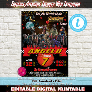 Editable Avengers Infinity War Invitations Printable - mugandmousedesigns