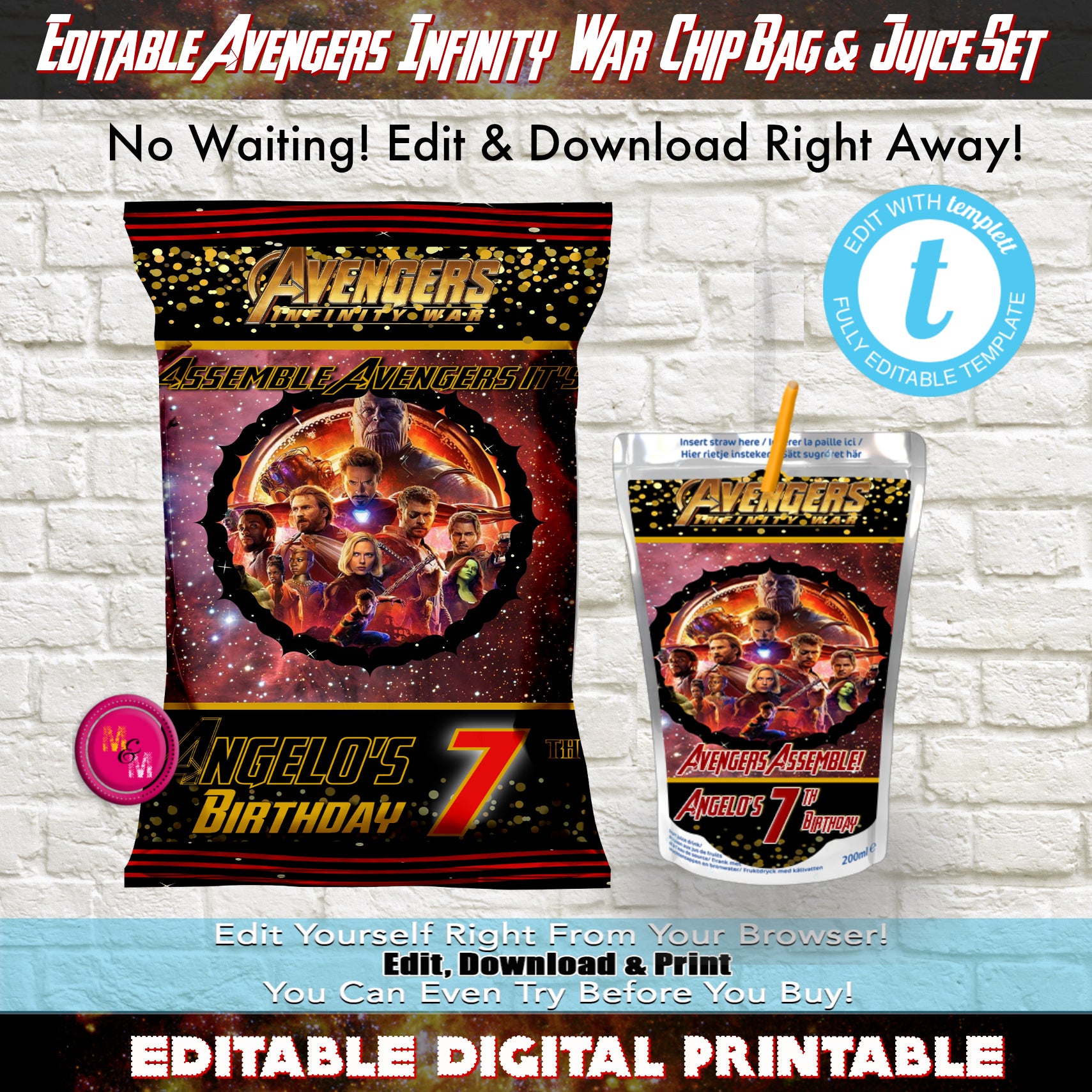 Editable Avengers Infinity War Chip Bag  & Juice Pouch Label Set - mugandmousedesigns
