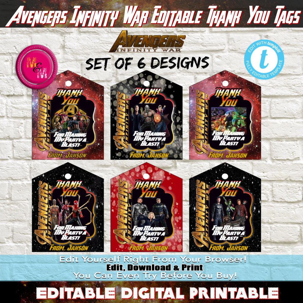 Editable Avengers Infinity War Favor Tags Printable – Mug+Mouse Designs