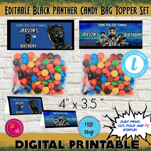 Editable Black Panther Candy Bag Topper Printable, Superhero Party - mugandmousedesigns