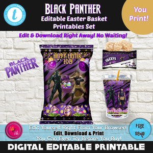 Editable Black Superhero Easter  Chip Bag, Juice Pouch Label & Rice Krispies Treats Set