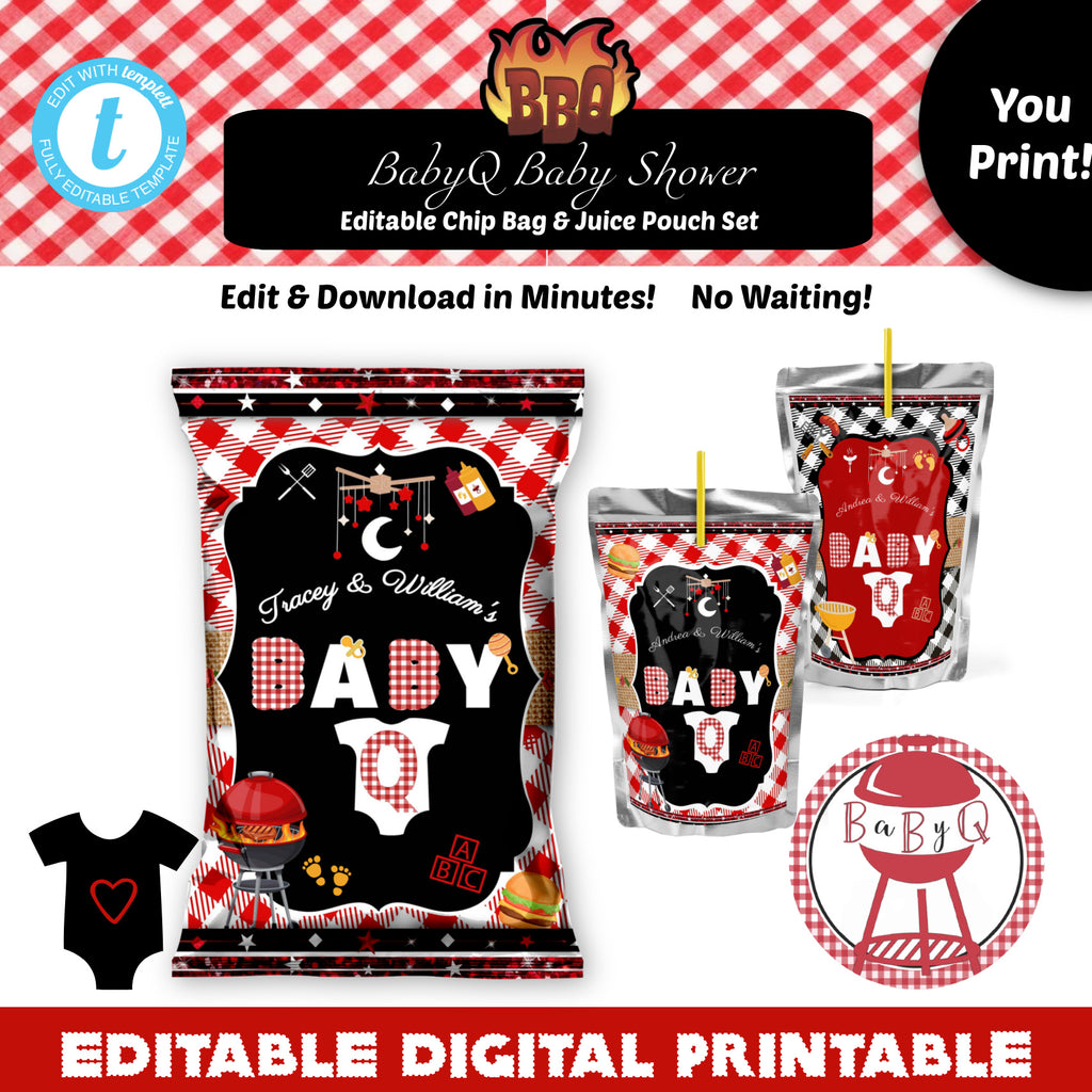 Editable Baby Q Chip Bag & Juice Pouch Set | Baby Q  Baby Shower Favors | Barbecue Baby Shower Templates