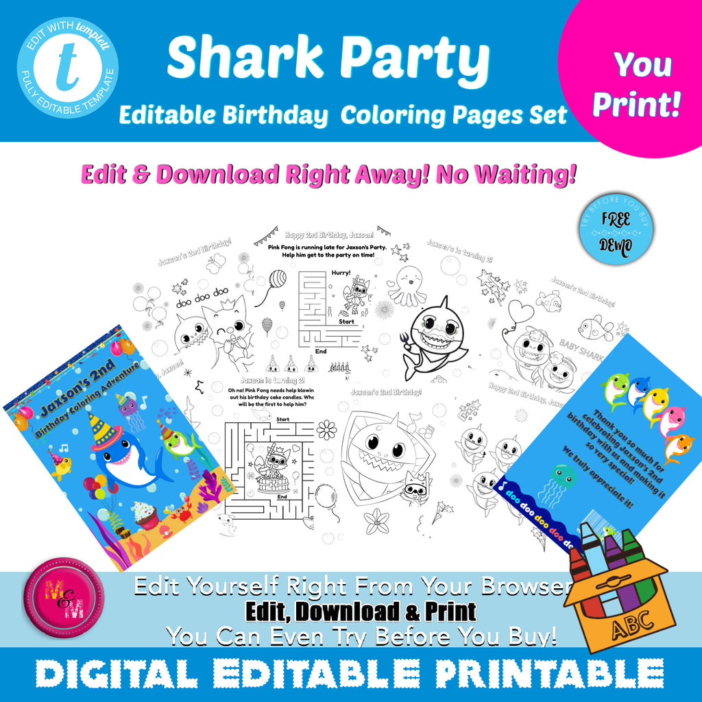 Editable shark party Birthday Party Coloring pages, shark party Activity Pages, shark party Party Favors, shark party Coloring Book, Pinkfong