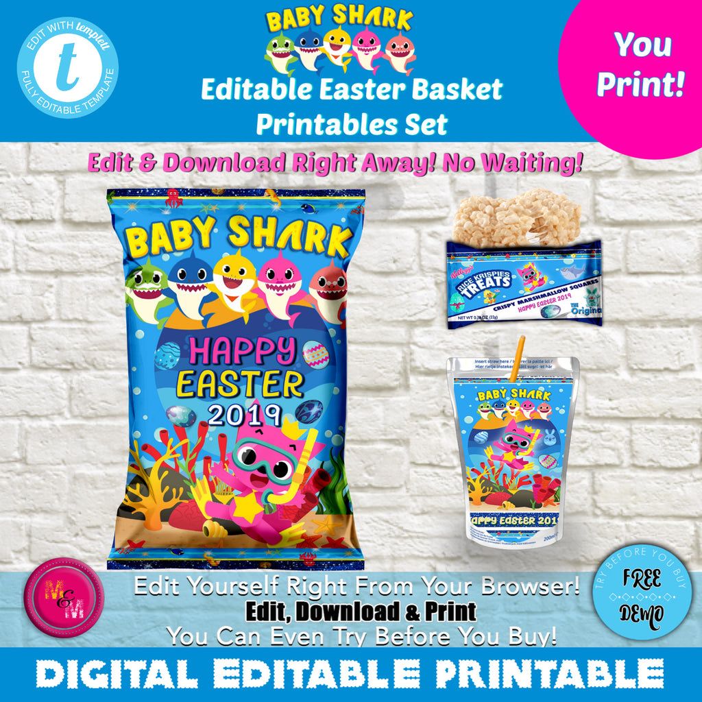 Editable shark party Easter Chip Bags, Juice Pouch & Rice Krispies Treats Set, shark party Printables
