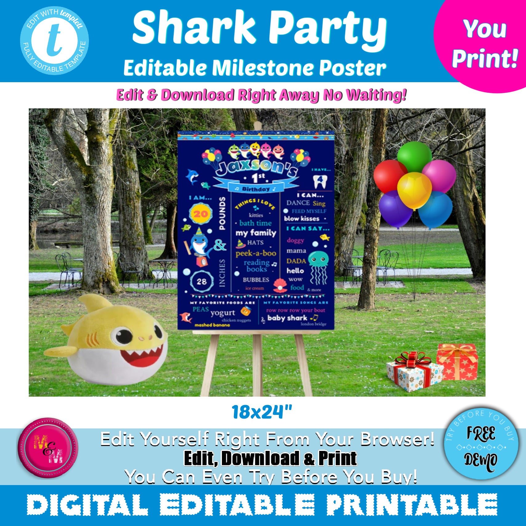 Editable Shark Party Milestone Board 18x24", Shark Party Poster Board